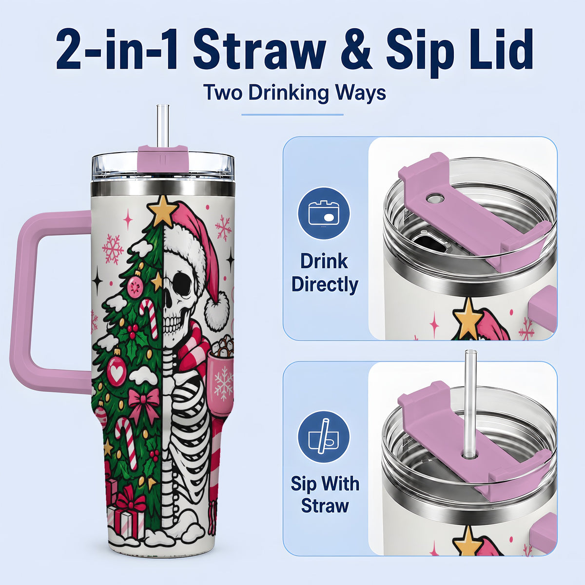 #pl[40oz|Pink] Pink Christmas Skeleton 40oz Tumbler, Festive Tree Cocoa Holiday Artwork