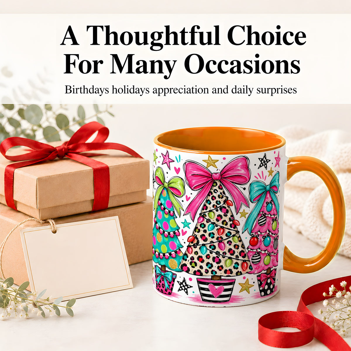 #pl[11oz|Orange] Funky Christmas Trees Accent Mug, Ceramic Coffee Cup