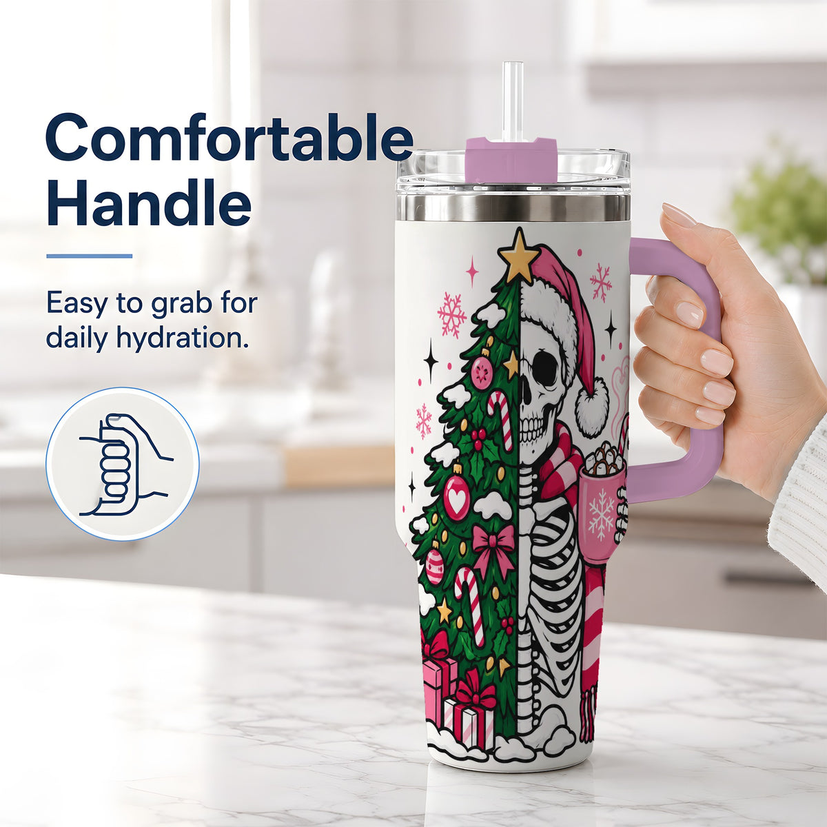 #pl[40oz|Pink] Pink Christmas Skeleton 40oz Tumbler, Festive Tree Cocoa Holiday Artwork