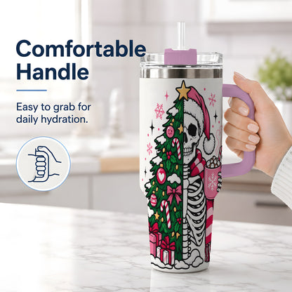 #pl[40oz|Pink] Pink Christmas Skeleton 40oz Tumbler, Festive Tree Cocoa Holiday Artwork