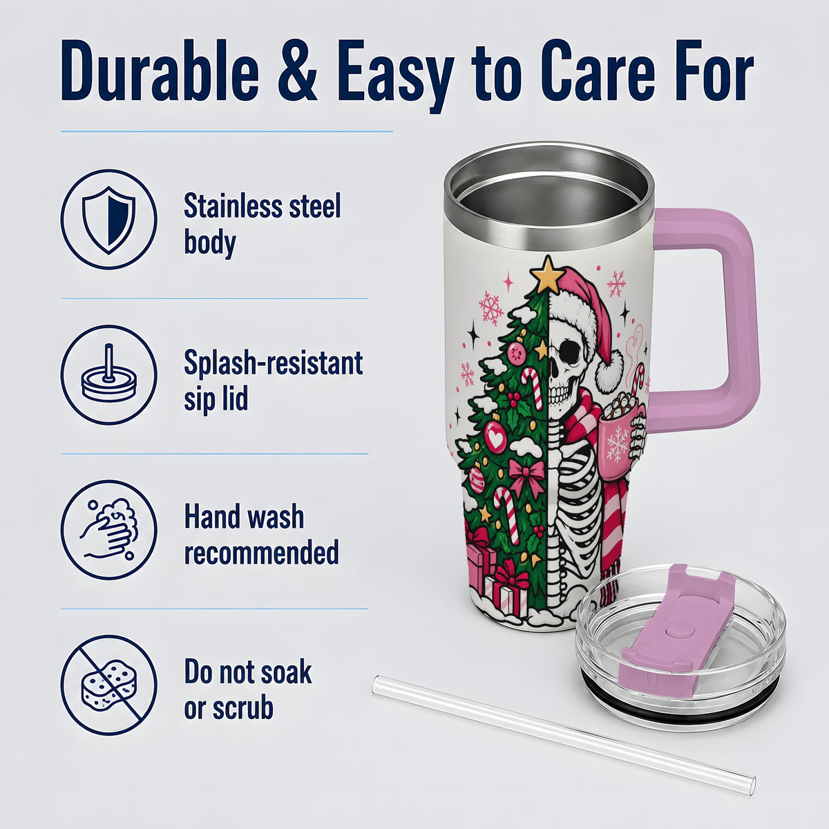 #pl[40oz|Pink] Pink Christmas Skeleton 40oz Tumbler, Festive Tree Cocoa Holiday Artwork
