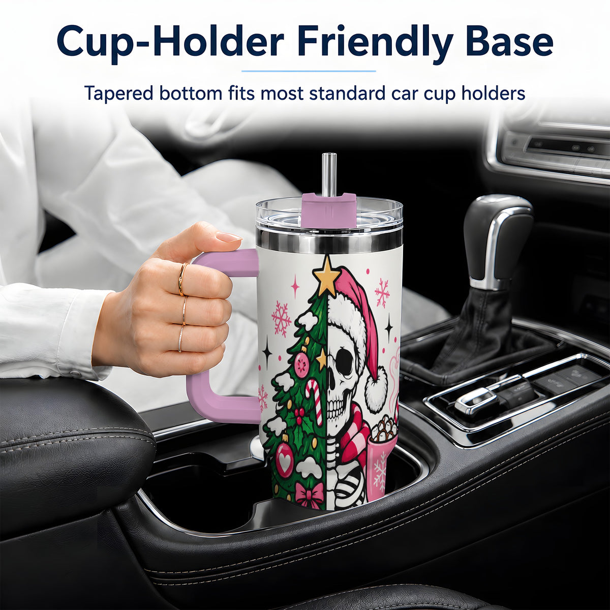 #pl[40oz|Pink] Pink Christmas Skeleton 40oz Tumbler, Festive Tree Cocoa Holiday Artwork