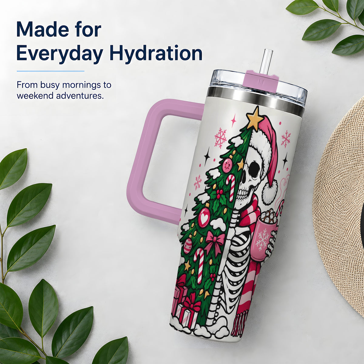 #pl[40oz|Pink] Pink Christmas Skeleton 40oz Tumbler, Festive Tree Cocoa Holiday Artwork