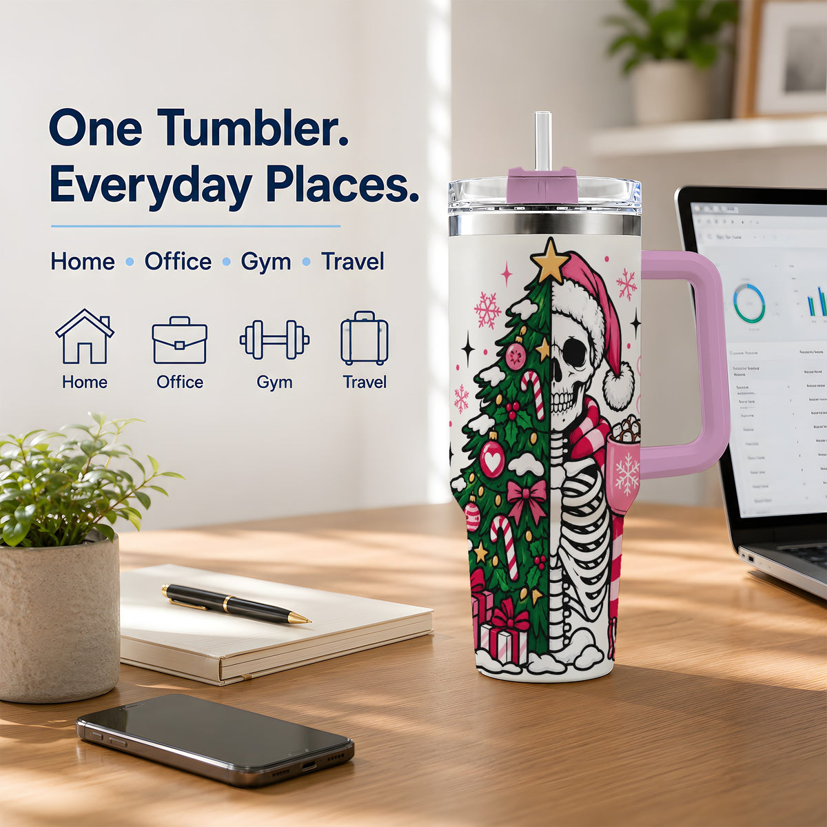 #pl[40oz|Pink] Pink Christmas Skeleton 40oz Tumbler, Festive Tree Cocoa Holiday Artwork
