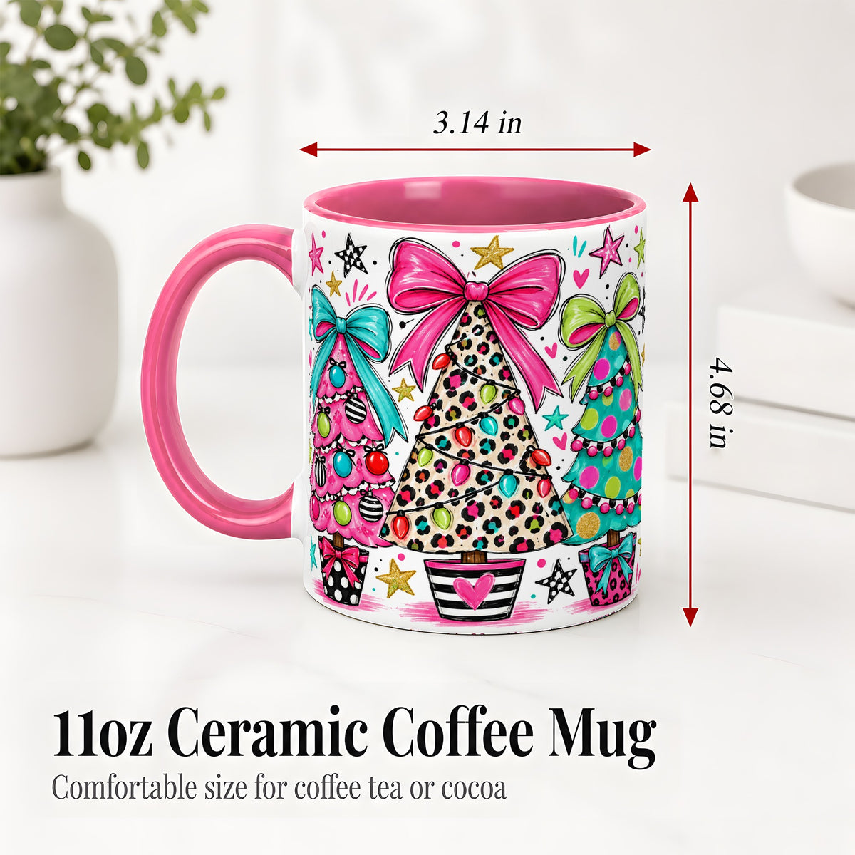 #pl[11oz|Pink] Funky Christmas Trees Accent Mug, Ceramic Coffee Cup