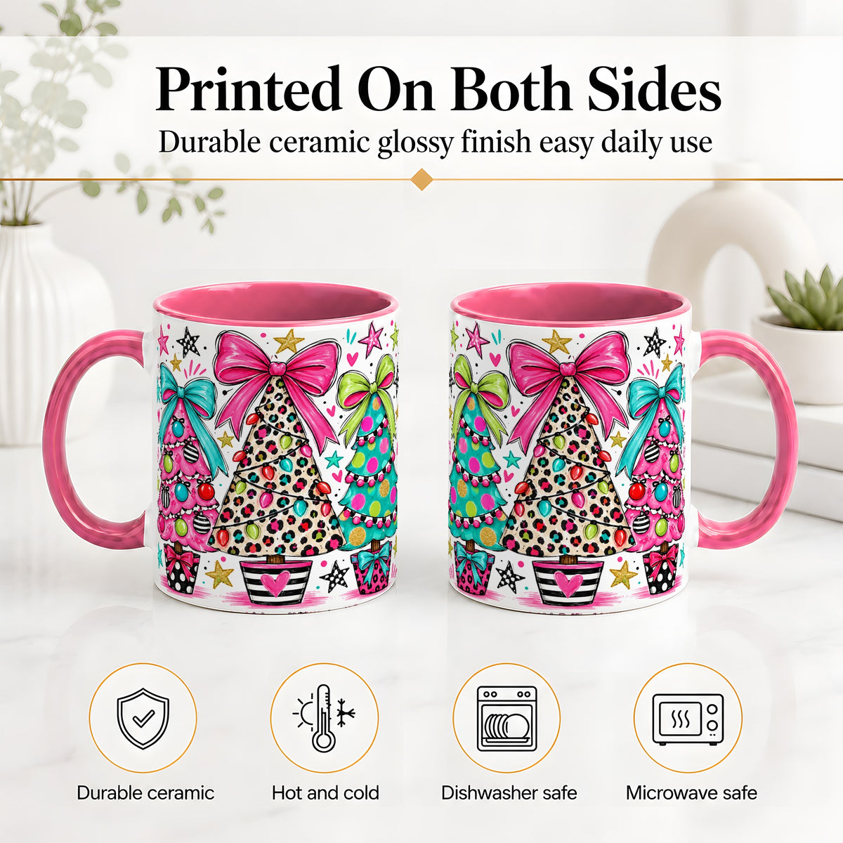 #pl[11oz|Pink] Funky Christmas Trees Accent Mug, Ceramic Coffee Cup