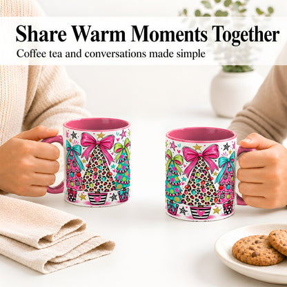 #pl[11oz|Pink] Funky Christmas Trees Accent Mug, Ceramic Coffee Cup