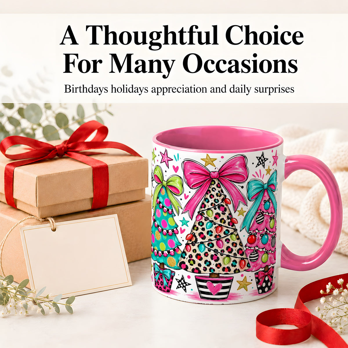 #pl[11oz|Pink] Funky Christmas Trees Accent Mug, Ceramic Coffee Cup