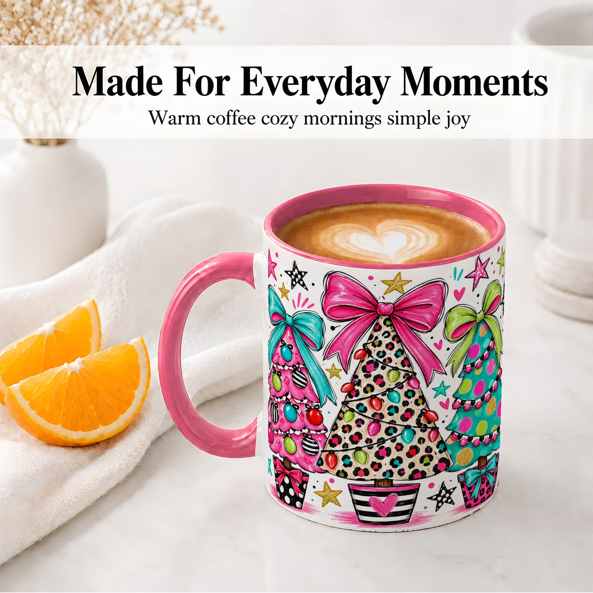 #pl[11oz|Pink] Funky Christmas Trees Accent Mug, Ceramic Coffee Cup