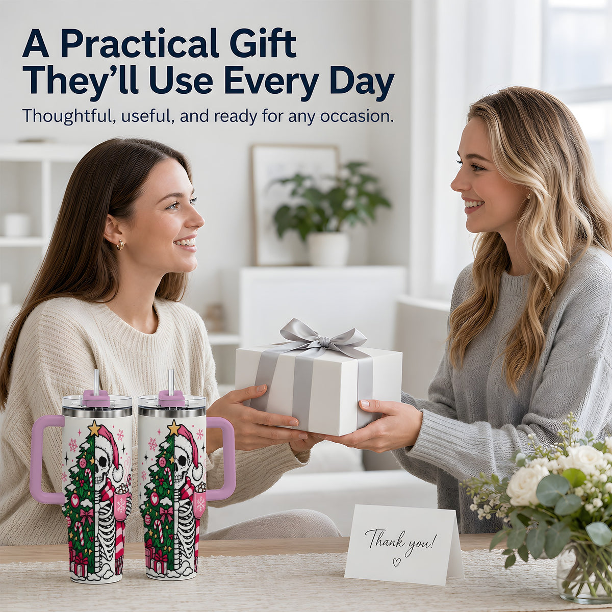 #pl[40oz|Pink] Pink Christmas Skeleton 40oz Tumbler, Festive Tree Cocoa Holiday Artwork