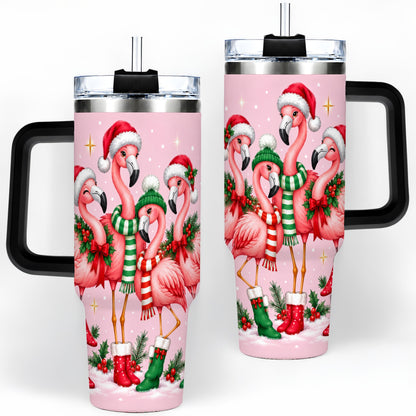 #pl[40oz|Black] Christmas Flamingo 40oz Tumbler, Winter Pink Bird Artwork
