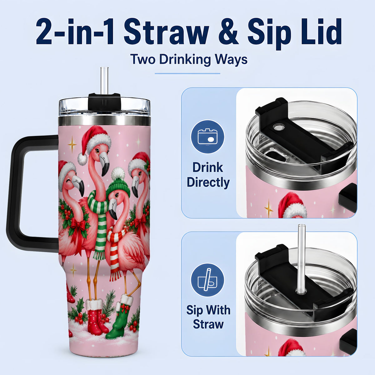 #pl[40oz|Black] Christmas Flamingo 40oz Tumbler, Winter Pink Bird Artwork