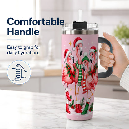 #pl[40oz|Black] Christmas Flamingo 40oz Tumbler, Winter Pink Bird Artwork