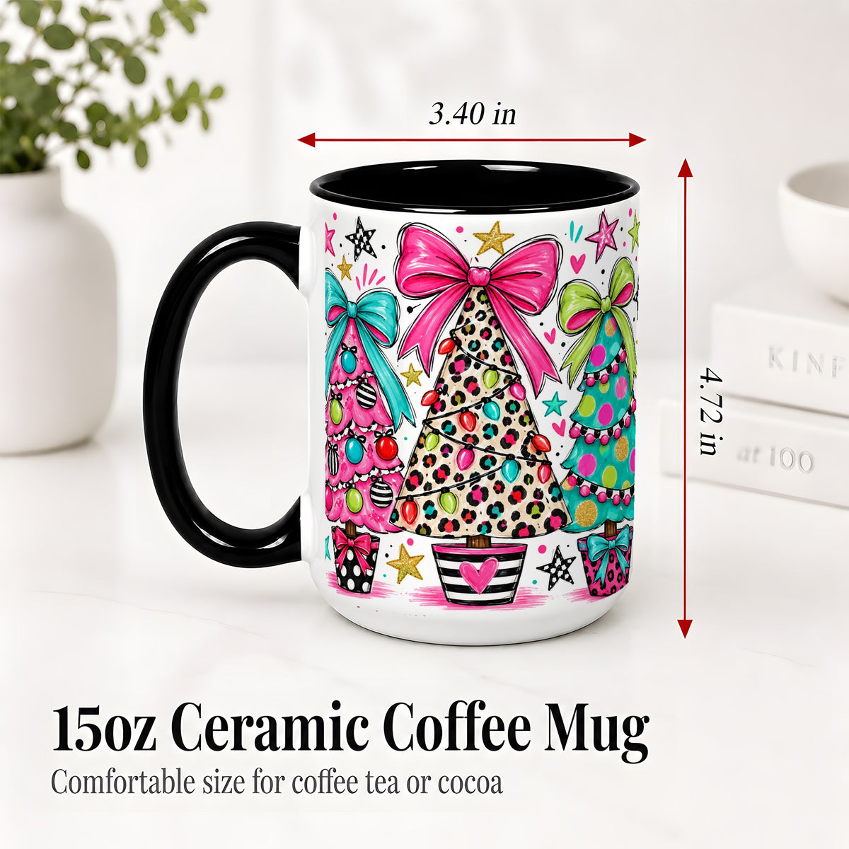 #pl[15oz|Black] Funky Christmas Trees Accent Mug, Ceramic Coffee Cup