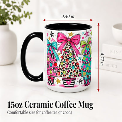 #pl[15oz|Black] Funky Christmas Trees Accent Mug, Ceramic Coffee Cup
