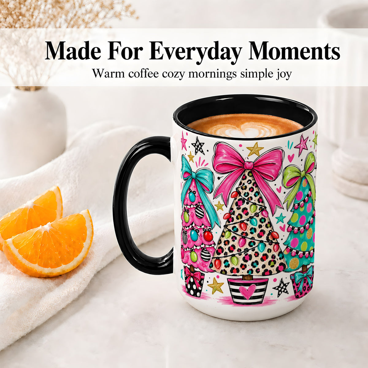 #pl[15oz|Black] Funky Christmas Trees Accent Mug, Ceramic Coffee Cup