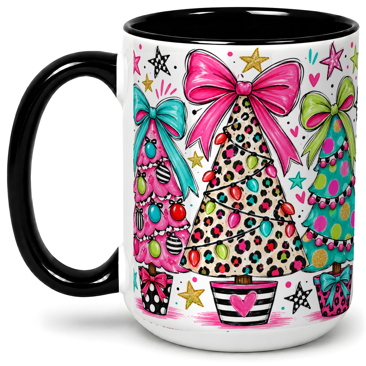 #pl[15oz|Black] Funky Christmas Trees Accent Mug, Ceramic Coffee Cup