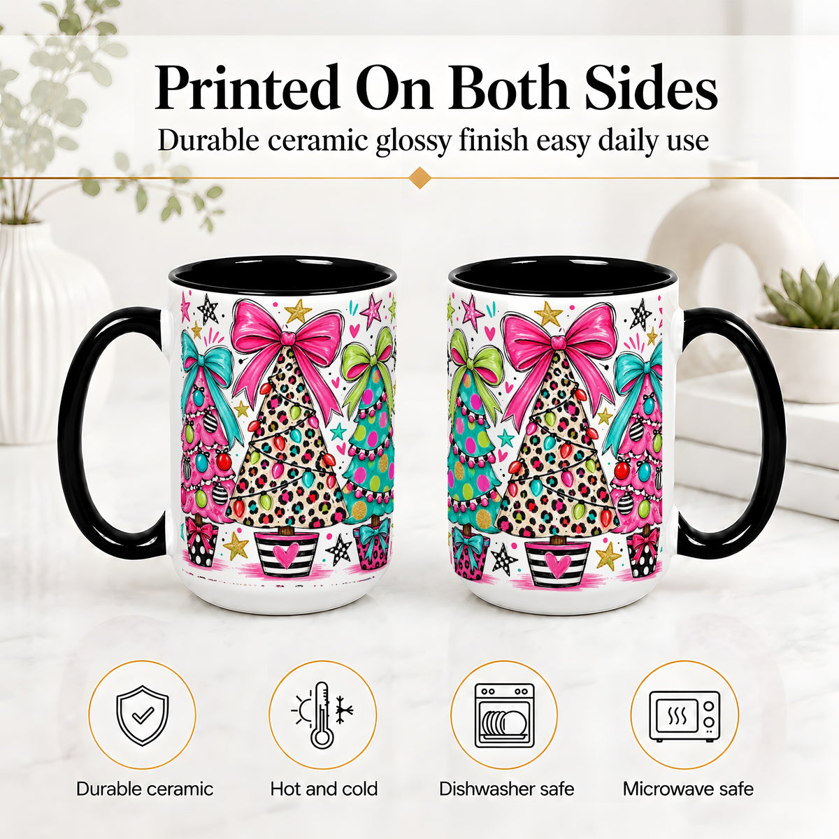 #pl[15oz|Black] Funky Christmas Trees Accent Mug, Ceramic Coffee Cup