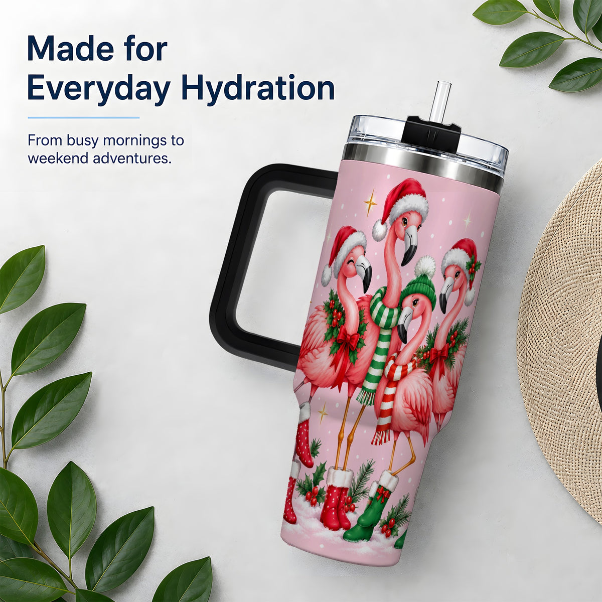 #pl[40oz|Black] Christmas Flamingo 40oz Tumbler, Winter Pink Bird Artwork