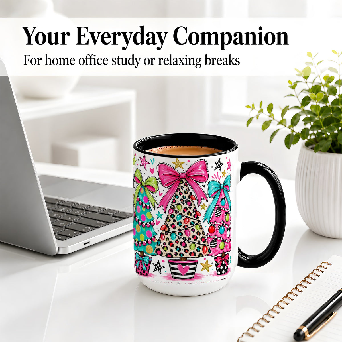 #pl[15oz|Black] Funky Christmas Trees Accent Mug, Ceramic Coffee Cup