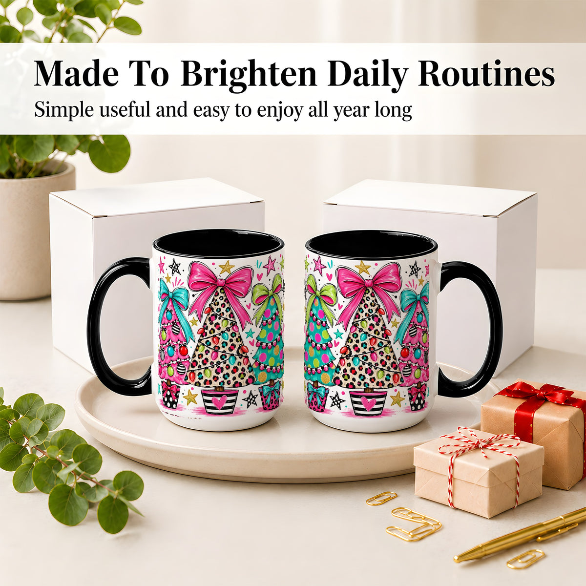 #pl[15oz|Black] Funky Christmas Trees Accent Mug, Ceramic Coffee Cup