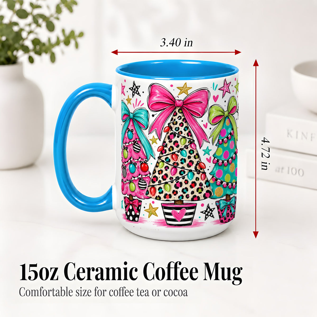 #pl[15oz|Blue] Funky Christmas Trees Accent Mug, Ceramic Coffee Cup