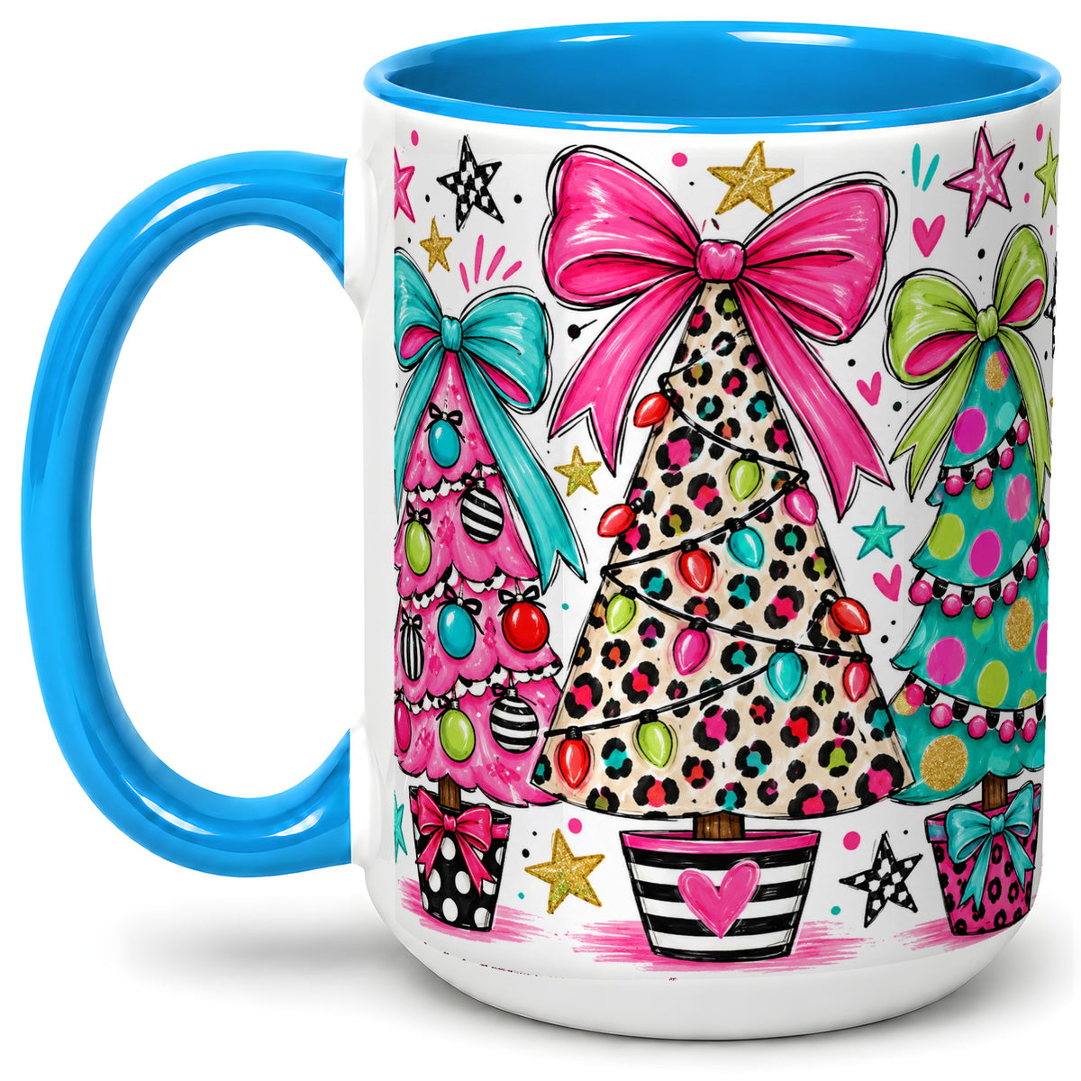 #pl[15oz|Blue] Funky Christmas Trees Accent Mug, Ceramic Coffee Cup