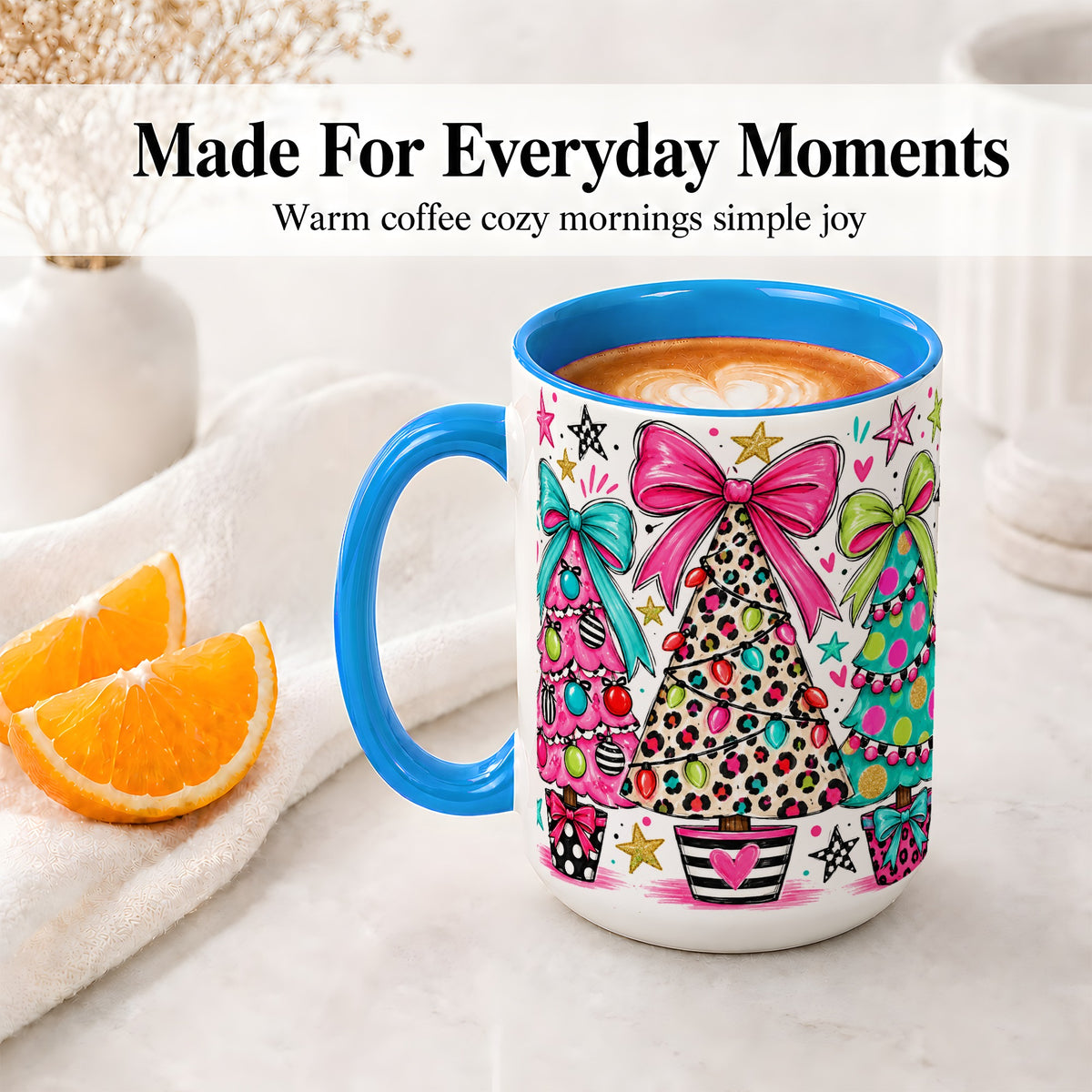 #pl[15oz|Blue] Funky Christmas Trees Accent Mug, Ceramic Coffee Cup