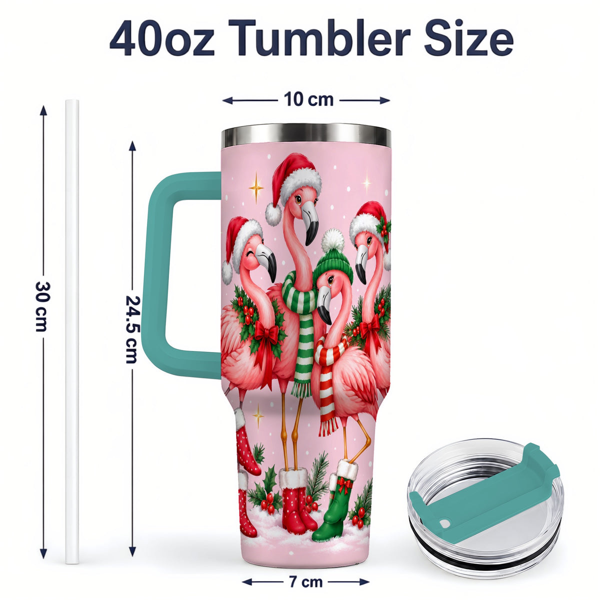 #pl[40oz|Green] Christmas Flamingo 40oz Tumbler, Winter Pink Bird Artwork