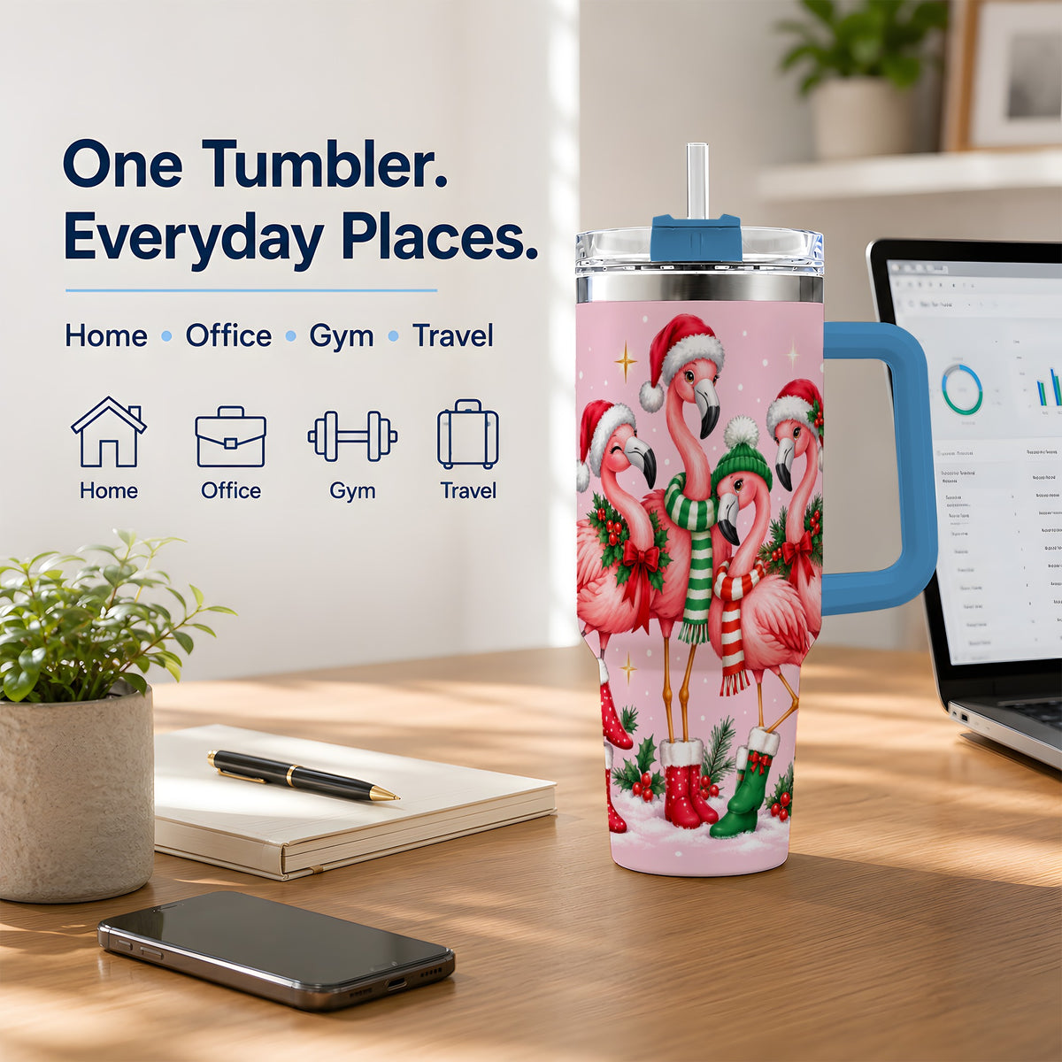 #pl[40oz|Blue] Christmas Flamingo 40oz Tumbler, Winter Pink Bird Artwork