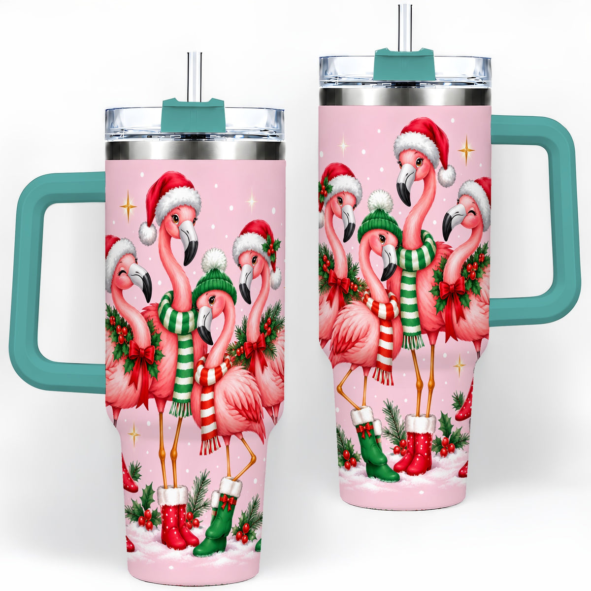 #pl[40oz|Green] Christmas Flamingo 40oz Tumbler, Winter Pink Bird Artwork