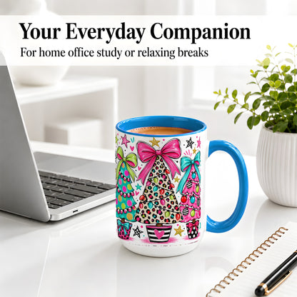 #pl[15oz|Blue] Funky Christmas Trees Accent Mug, Ceramic Coffee Cup