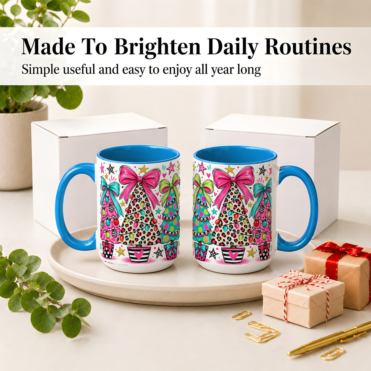#pl[15oz|Blue] Funky Christmas Trees Accent Mug, Ceramic Coffee Cup