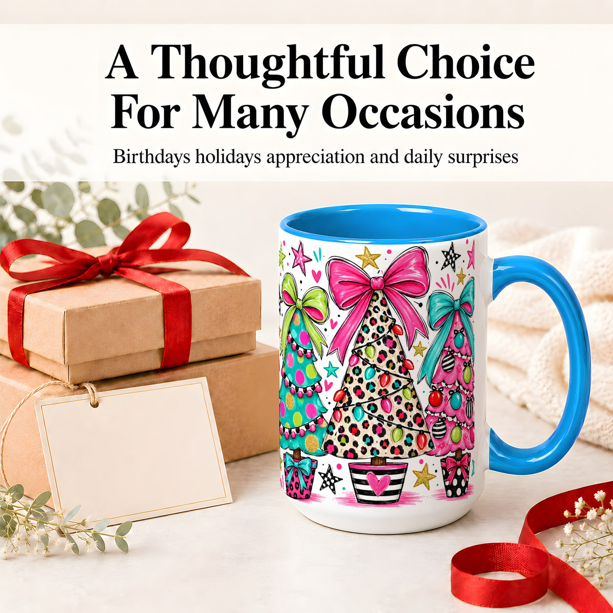 #pl[15oz|Blue] Funky Christmas Trees Accent Mug, Ceramic Coffee Cup
