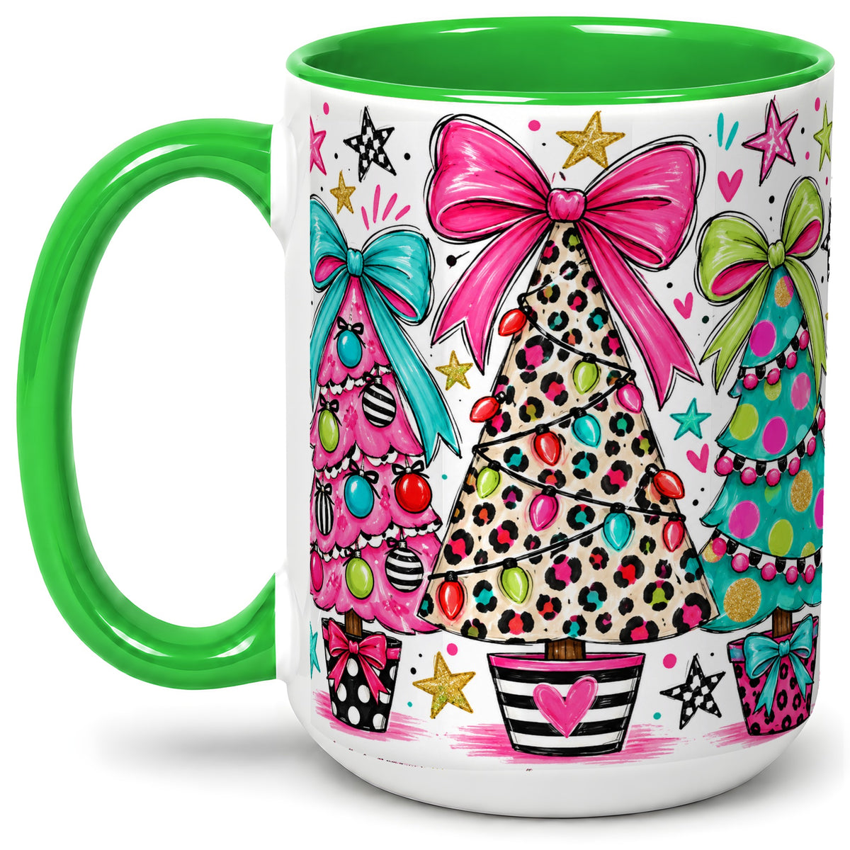 #pl[15oz|Green] Funky Christmas Trees Accent Mug, Ceramic Coffee Cup