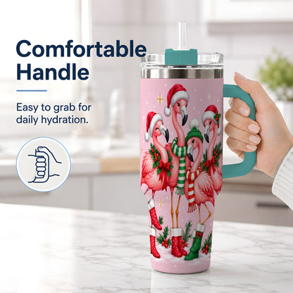 #pl[40oz|Green] Christmas Flamingo 40oz Tumbler, Winter Pink Bird Artwork