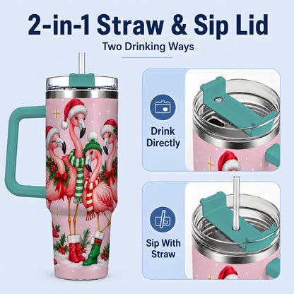 #pl[40oz|Green] Christmas Flamingo 40oz Tumbler, Winter Pink Bird Artwork