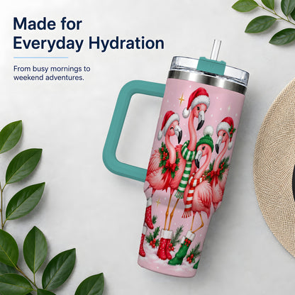 #pl[40oz|Green] Christmas Flamingo 40oz Tumbler, Winter Pink Bird Artwork