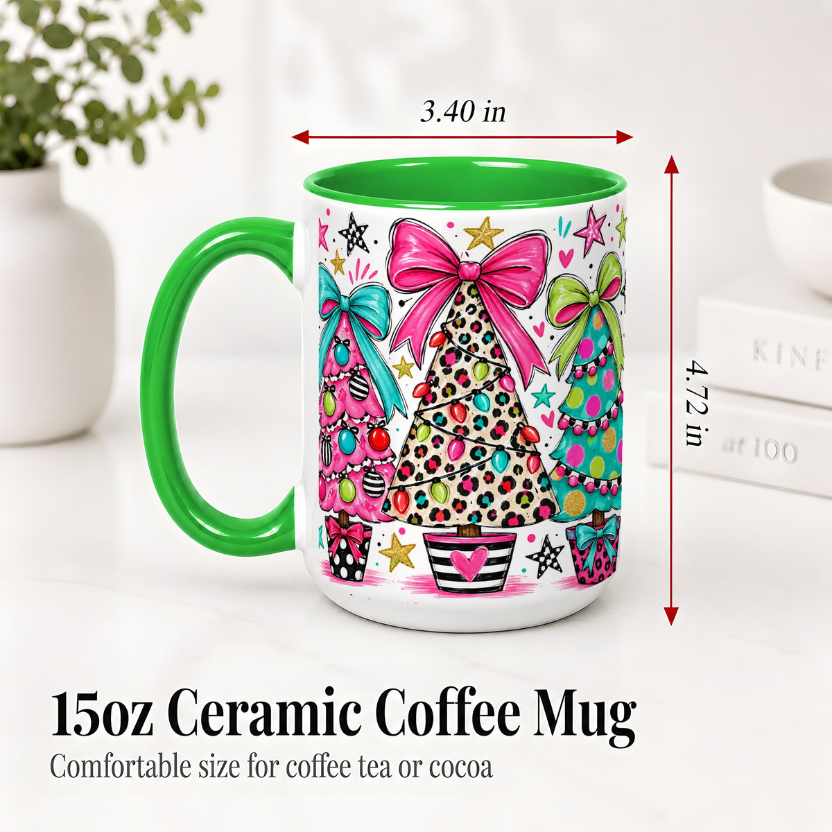 #pl[15oz|Green] Funky Christmas Trees Accent Mug, Ceramic Coffee Cup