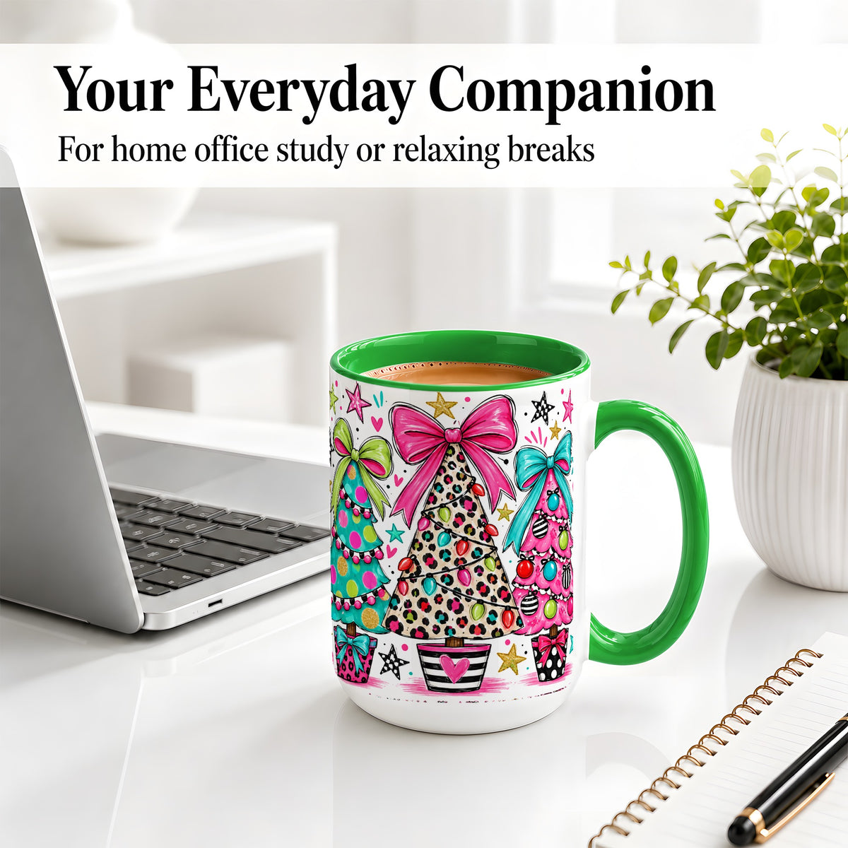 #pl[15oz|Green] Funky Christmas Trees Accent Mug, Ceramic Coffee Cup