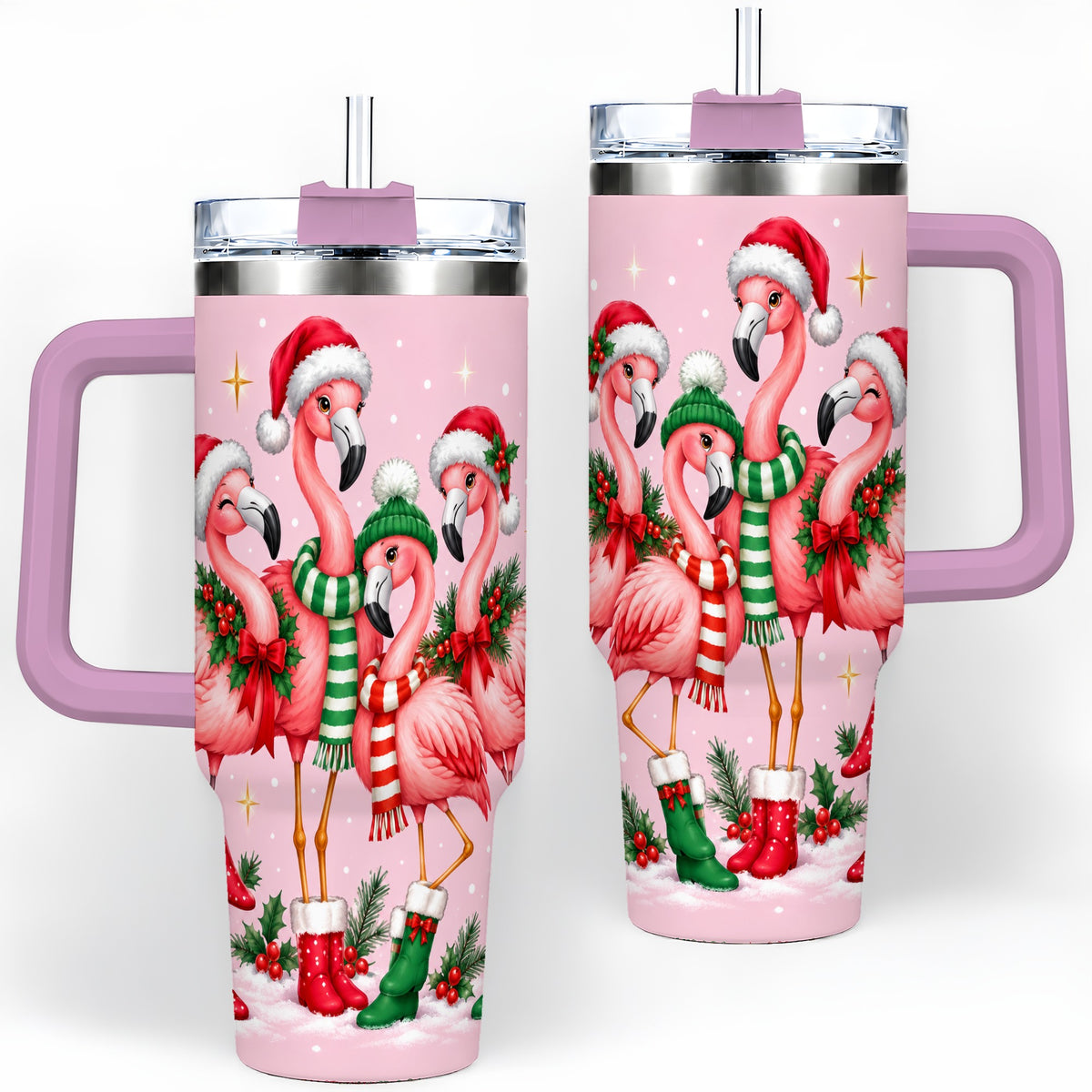 #pl[40oz|Pink] Christmas Flamingo 40oz Tumbler, Winter Pink Bird Artwork