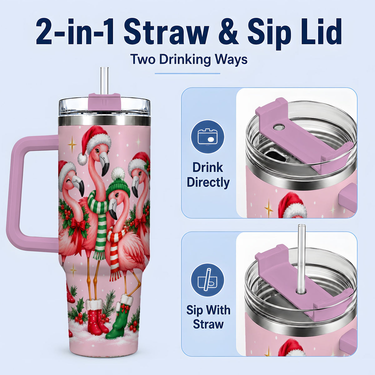 #pl[40oz|Pink] Christmas Flamingo 40oz Tumbler, Winter Pink Bird Artwork