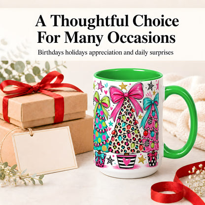 #pl[15oz|Green] Funky Christmas Trees Accent Mug, Ceramic Coffee Cup