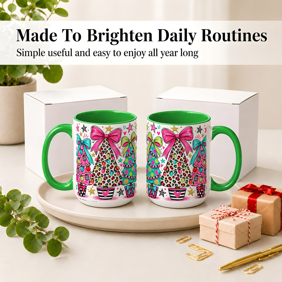 #pl[15oz|Green] Funky Christmas Trees Accent Mug, Ceramic Coffee Cup
