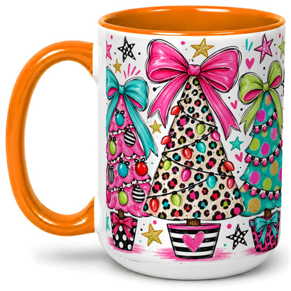 #pl[15oz|Orange] Funky Christmas Trees Accent Mug, Ceramic Coffee Cup