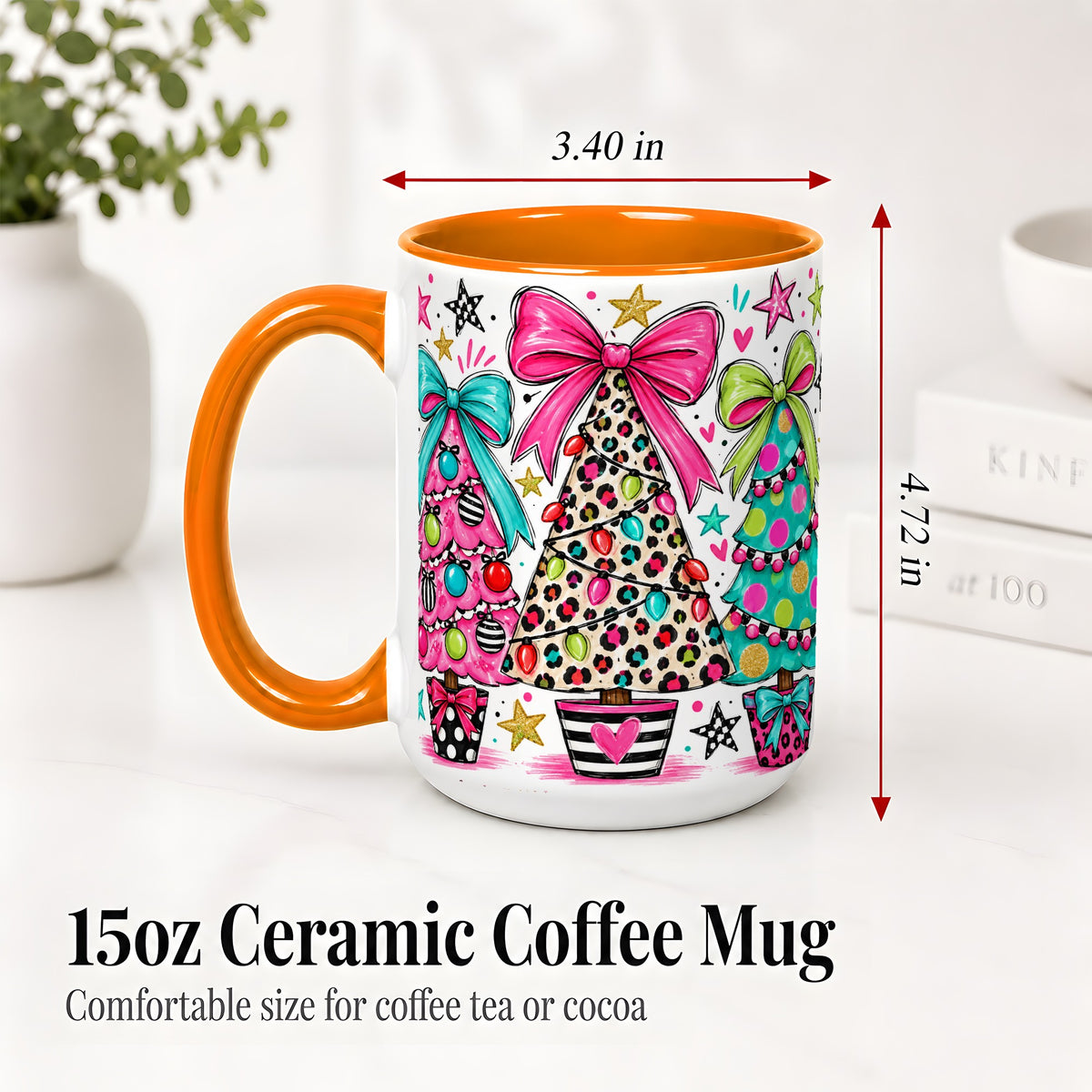 #pl[15oz|Orange] Funky Christmas Trees Accent Mug, Ceramic Coffee Cup