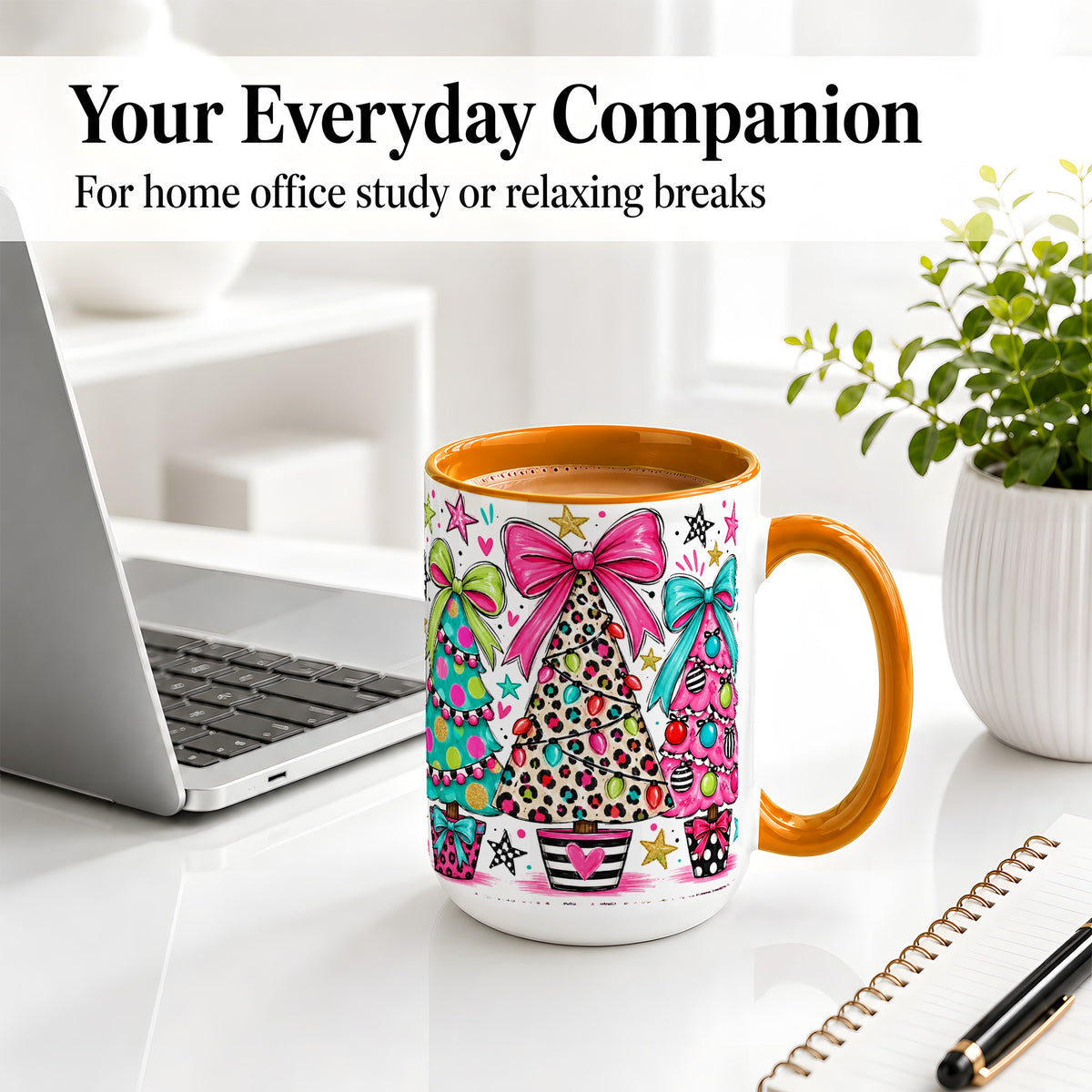 #pl[15oz|Orange] Funky Christmas Trees Accent Mug, Ceramic Coffee Cup