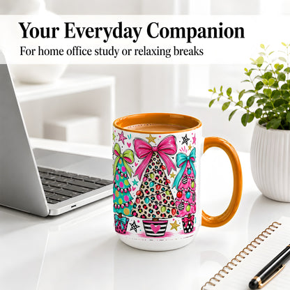 #pl[15oz|Orange] Funky Christmas Trees Accent Mug, Ceramic Coffee Cup