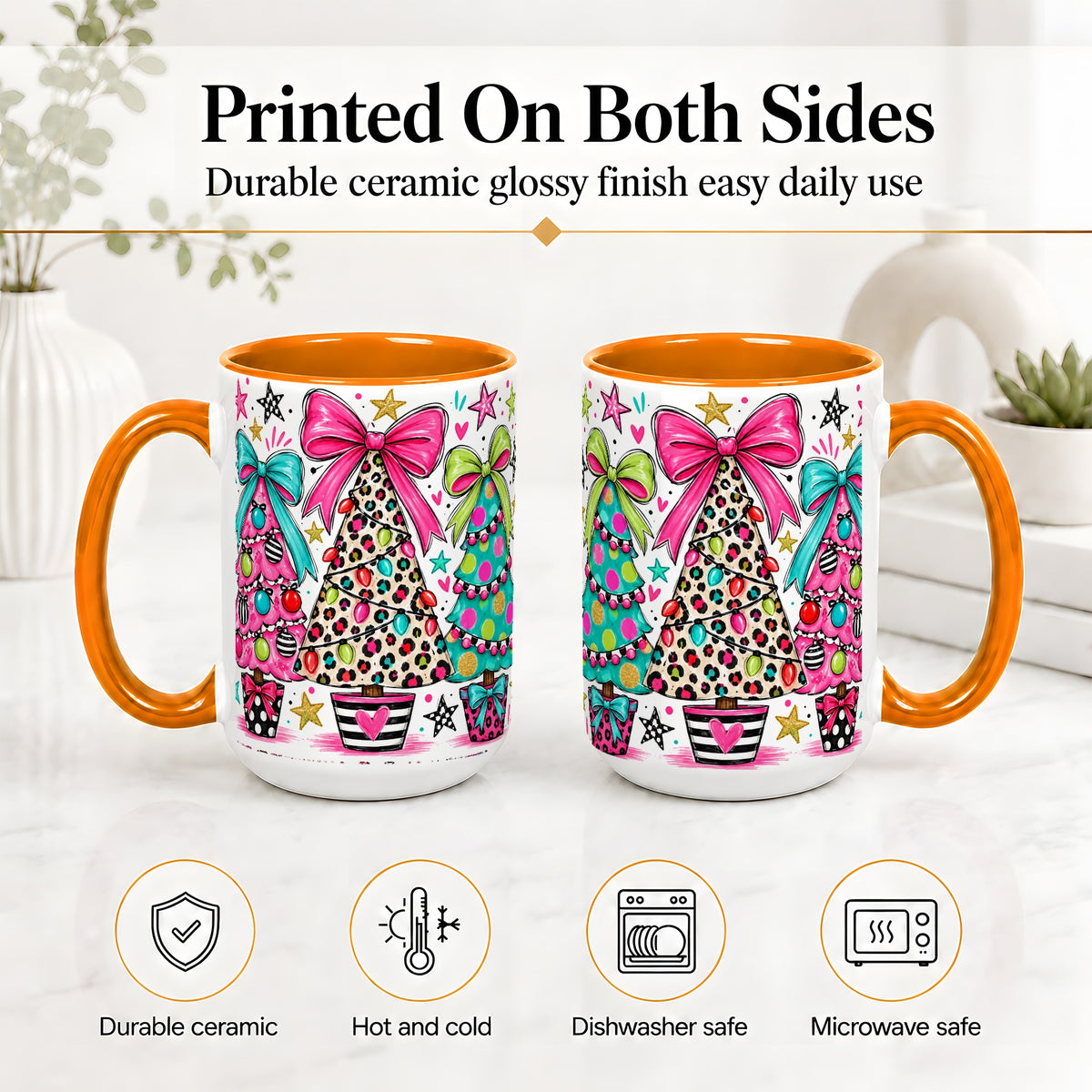 #pl[15oz|Orange] Funky Christmas Trees Accent Mug, Ceramic Coffee Cup
