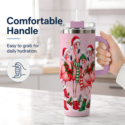 #pl[40oz|Pink] Christmas Flamingo 40oz Tumbler, Winter Pink Bird Artwork